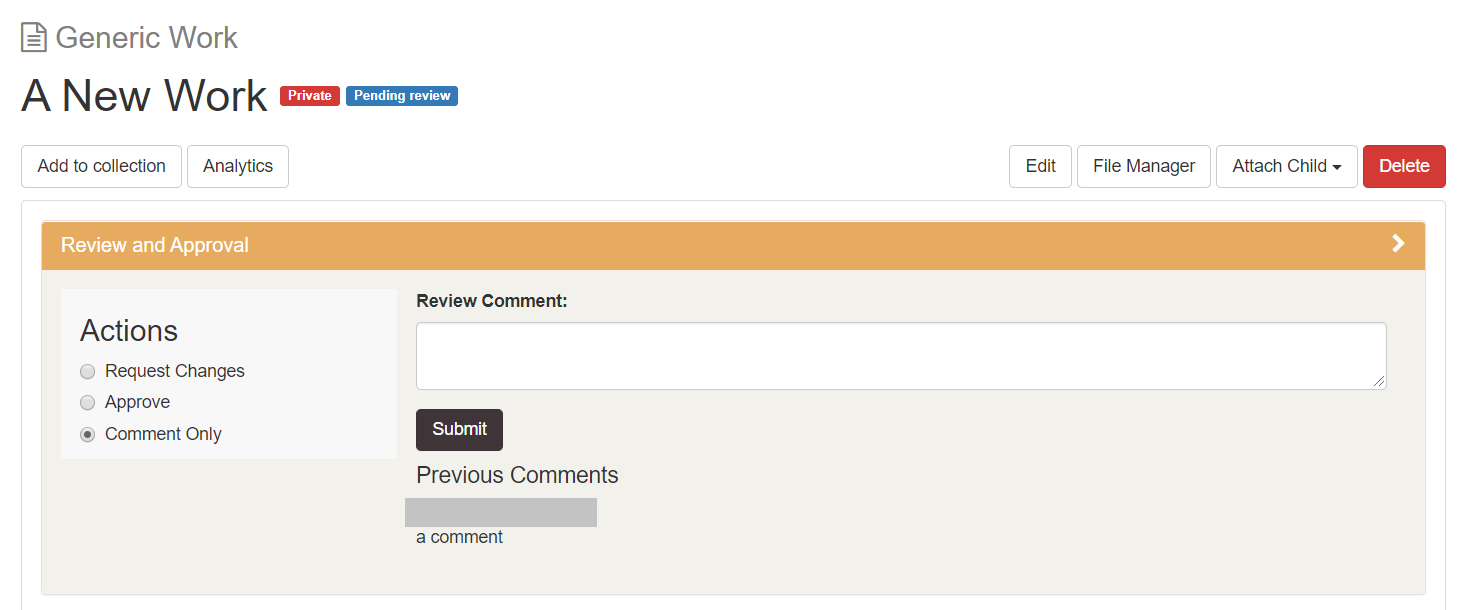 screenshot of approval banner on work page which displays Request Changes, Approve and Comment Only options
